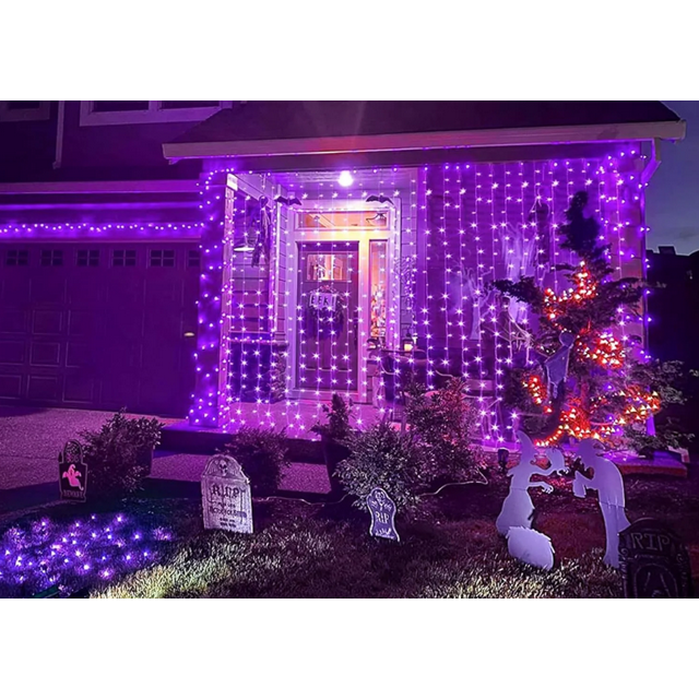 Scidweet Halloween String Lights, 304 LED Fairy Lights, 9.8 X 9.8 ft Fairy Light Indoor and Outdoor 8 Modes Window Curtain Lights for Bedroom (Purple)