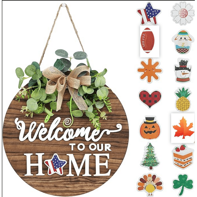 Scidweet Interchangeable Seasonal Welcome Sign Front Door Decoration, Rustic Round Wood Wreaths Wall Hanging Outdoor, Farmhouse for Spring Summer Fall All Seasons Holiday Halloween Christmas Decor