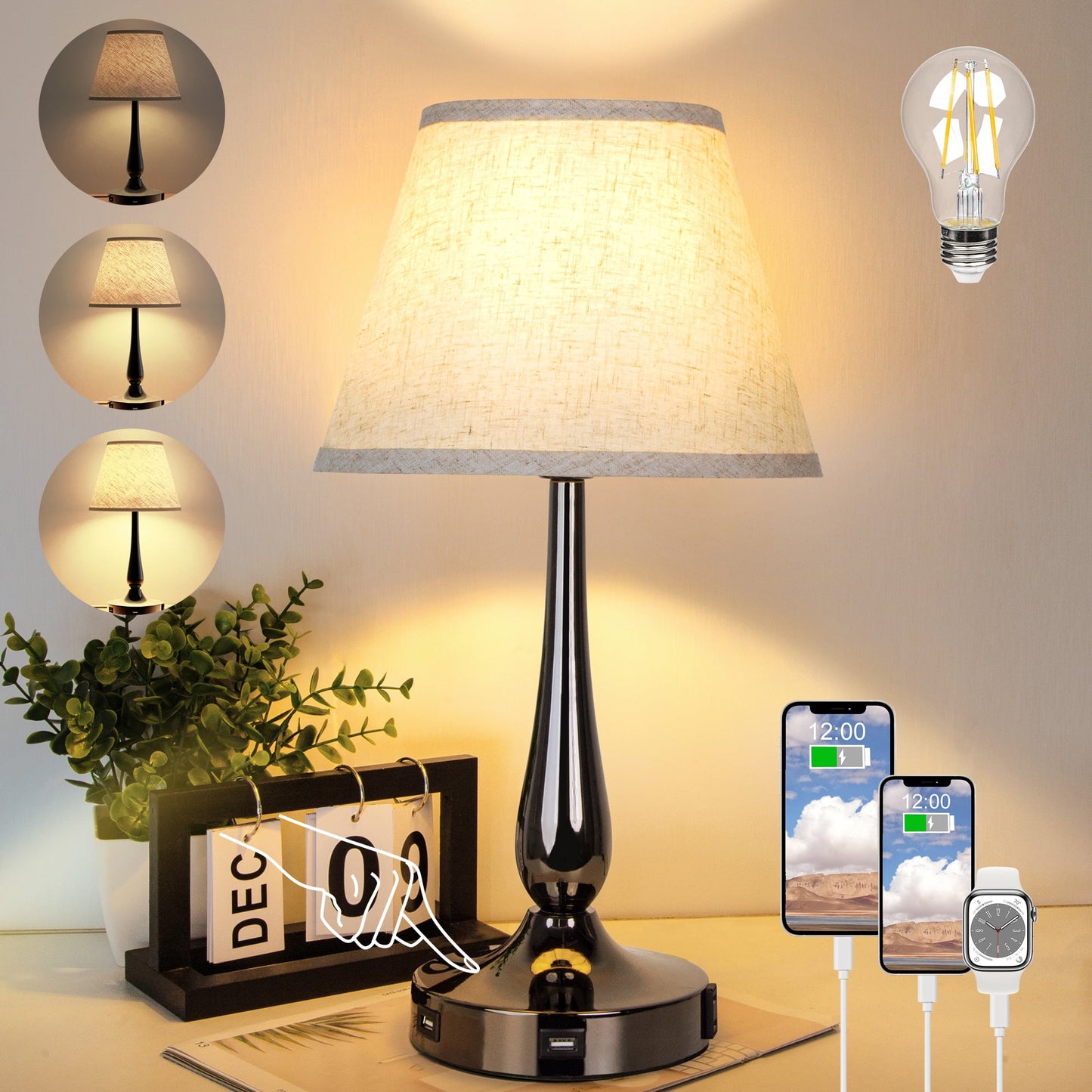 Scidweet Table Lamps for Bedrooms, Touch Metal Base Lamps with USB Charging Ports, 3 Way Dimmable Nightstand Lamp, Living Room, Bulb Included