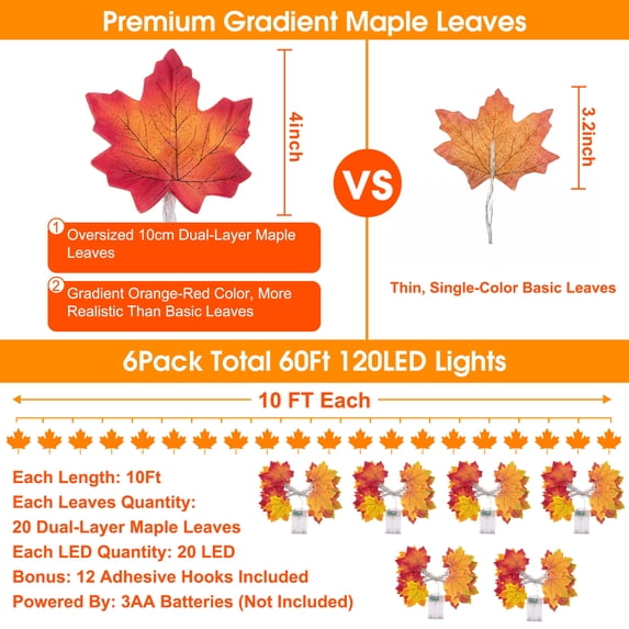 Scidweet Fall Garland with Lights, 6 Pack 60FT 120 LED Artificial Autumn Maple Leaves Garland Indoor Outdoor Fall Decorations for Home Party Mantle Fireplace Porch Table Thanksgiving Halloween Decor