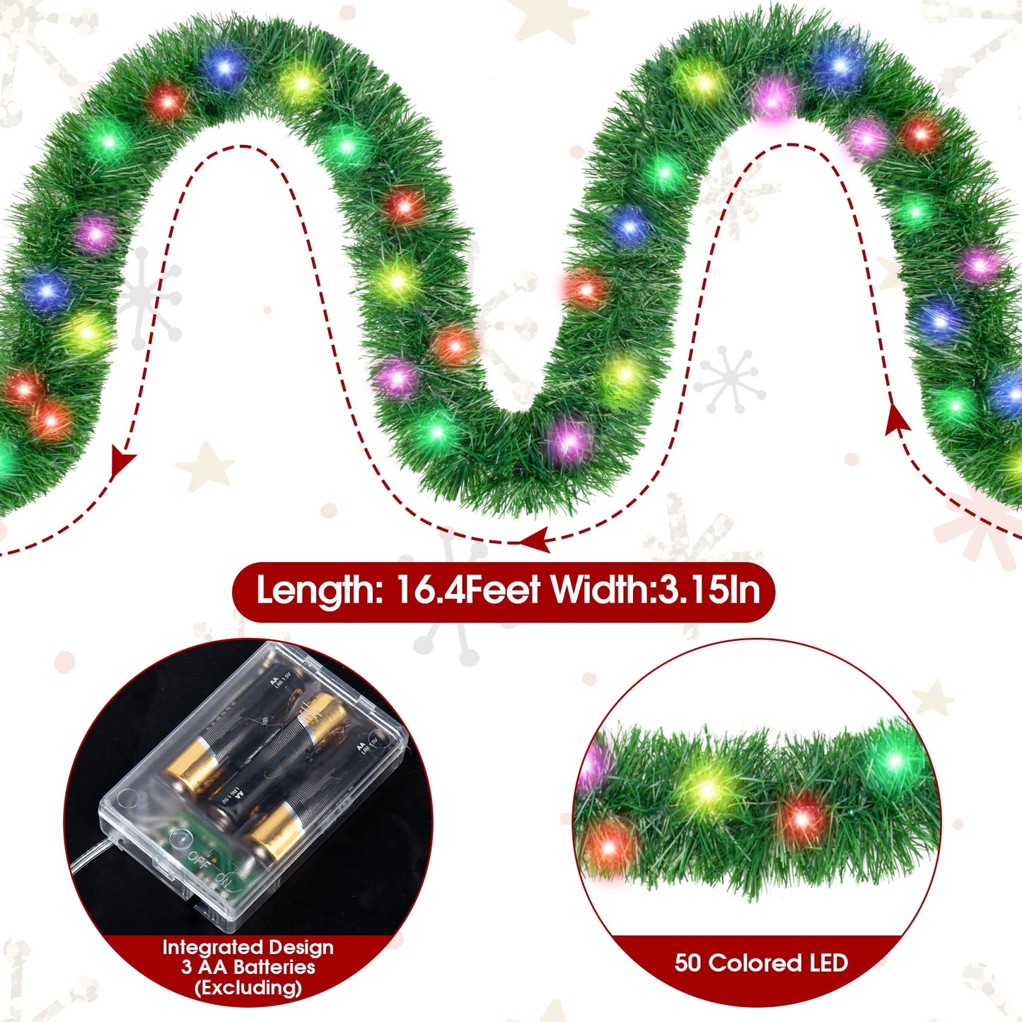 Scidweet 2 Pcs 32.8 Ft Christmas Garland with Lights, 50 Multicolor LED Pre-Lit Christmas Garland Decorations for Indoor Outdoor Christmas Tree Party Wedding Holiday Xmas Decor (Green)