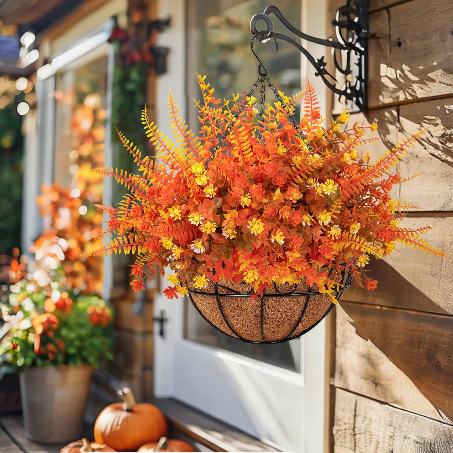 Scidweet Artificial Fall Hanging Flowers Outdoor, 12 Pcs Autumn Fake Flowers Faux Plants with Coconut Lining Basket Fall Decoration for Home Patio Garden Decor, Mixcolor