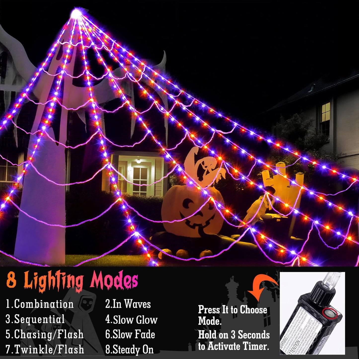 Scidweet Halloween Decorations Outdoor, 350 LED Halloween Spider Web Lights with 79" Large Spider for Garden Yard Home Decor, Multicolor