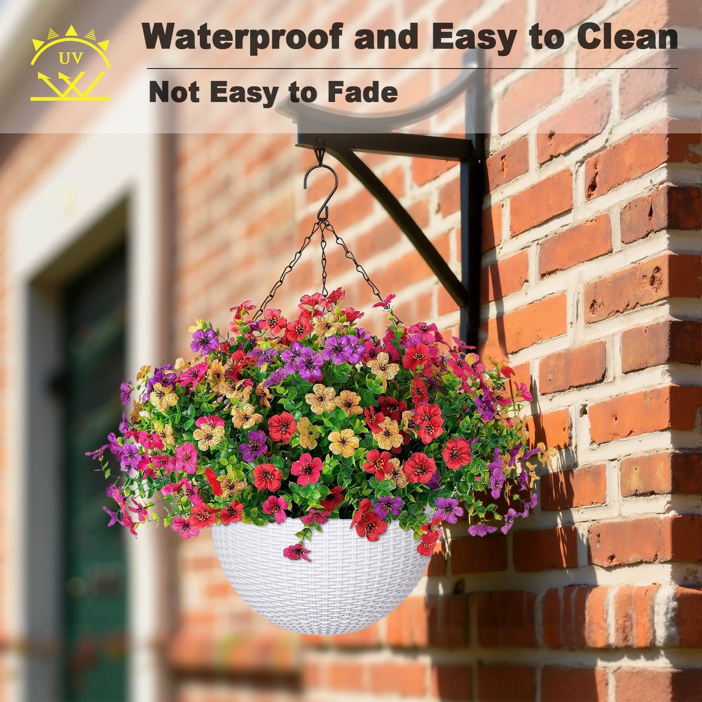 Scidweet Artificial Hanging Flowers, 12 Pcs Fake Flowers Faux Plants with Imitation Woven White Basket for Spring Summer Outside Indoor Home Garden Decoration