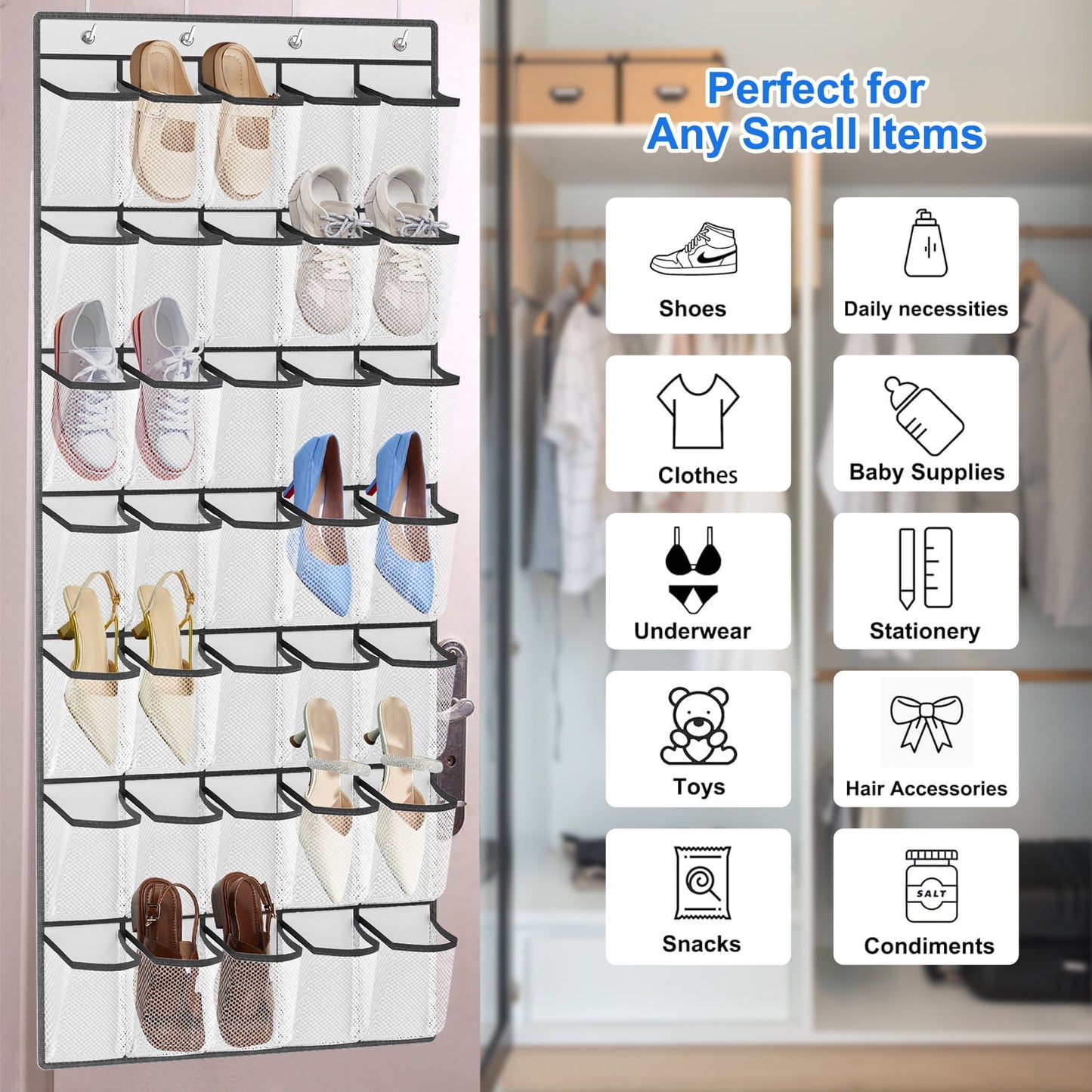 Scidweet Over The Door Shoe Organizer, 35 Large Breathable Mesh Pockets Hanging Storage Holder Shoe Rack Closet Organizer, White