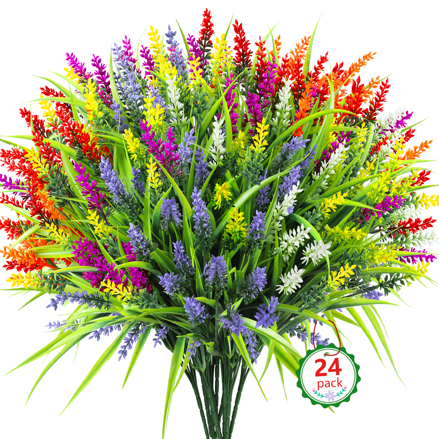 Scidweet 24 Bundles Faux Lavender Plants, Mixed Color Artificial Plastic Flowers Fake Monkey Grass Flowers Spring Summer for Outdoors Window Garden Home Decor