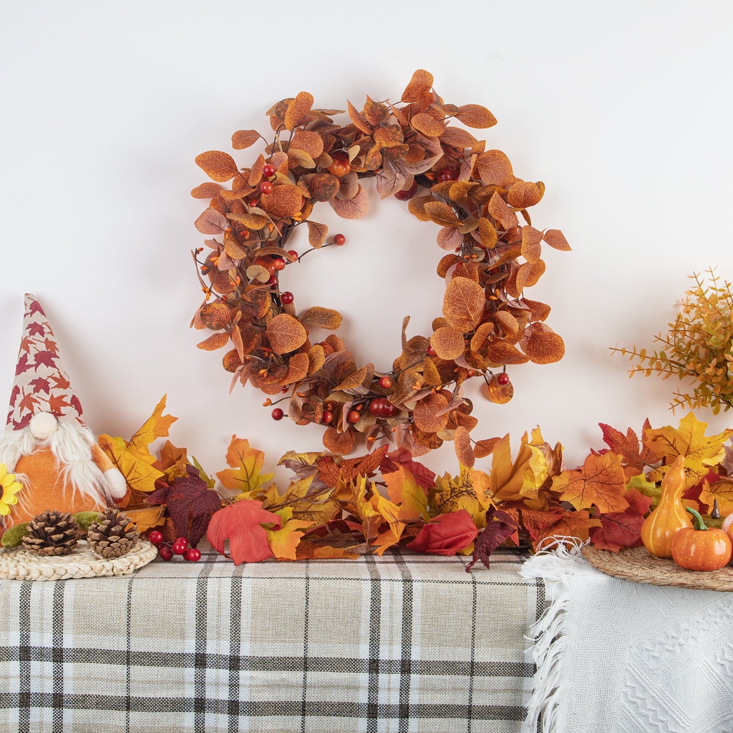 18 inch Fall Wreaths for Front Door, Fall Decor Artificial Wreath Eucalyptus Leaves Modern Farmhouse Wreath for Harvest Thanksgiving Day