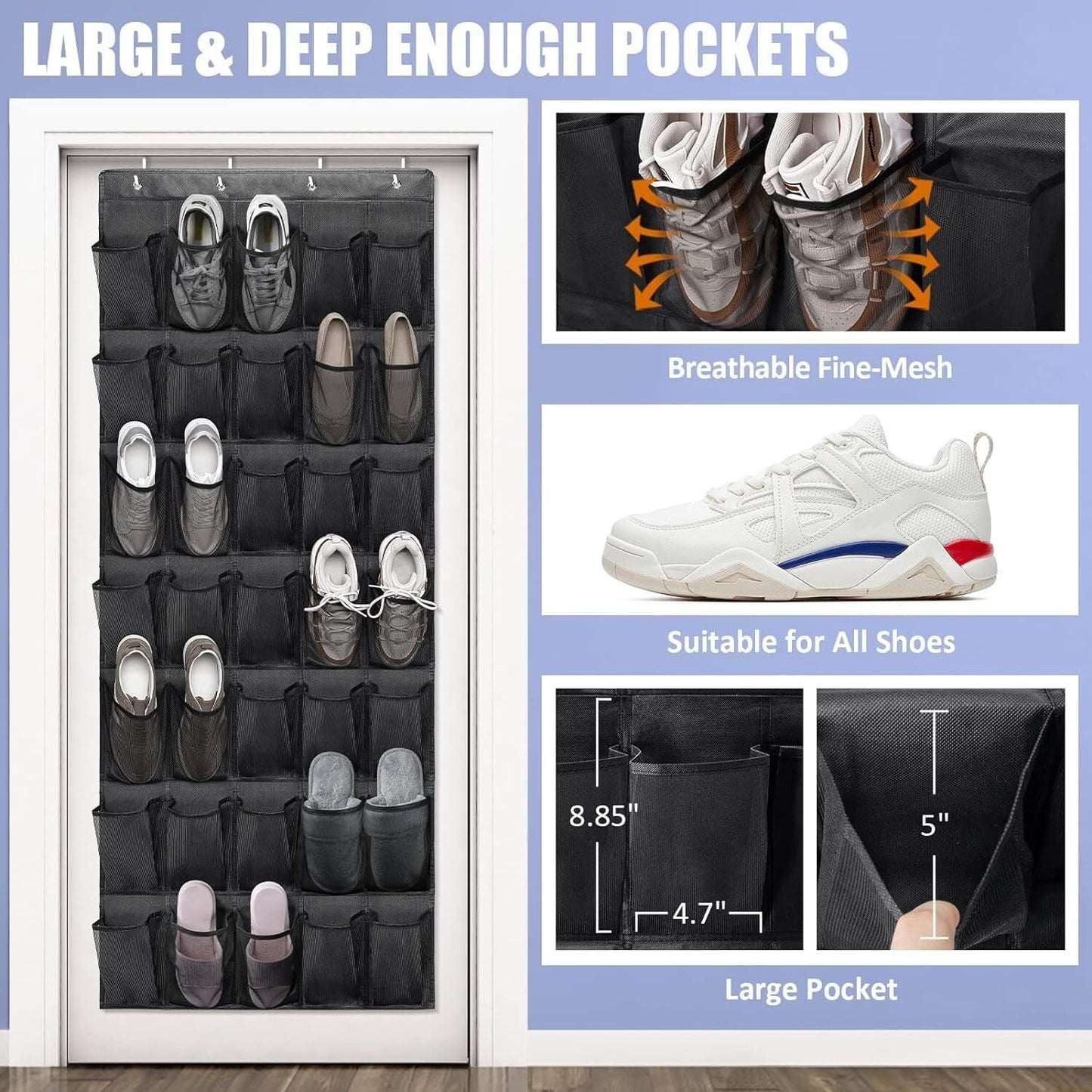 Scidweet Over the Door Shoe Organizer, 35 Large Pockets Hanging Rack Closet Shoe Organizer, Bla