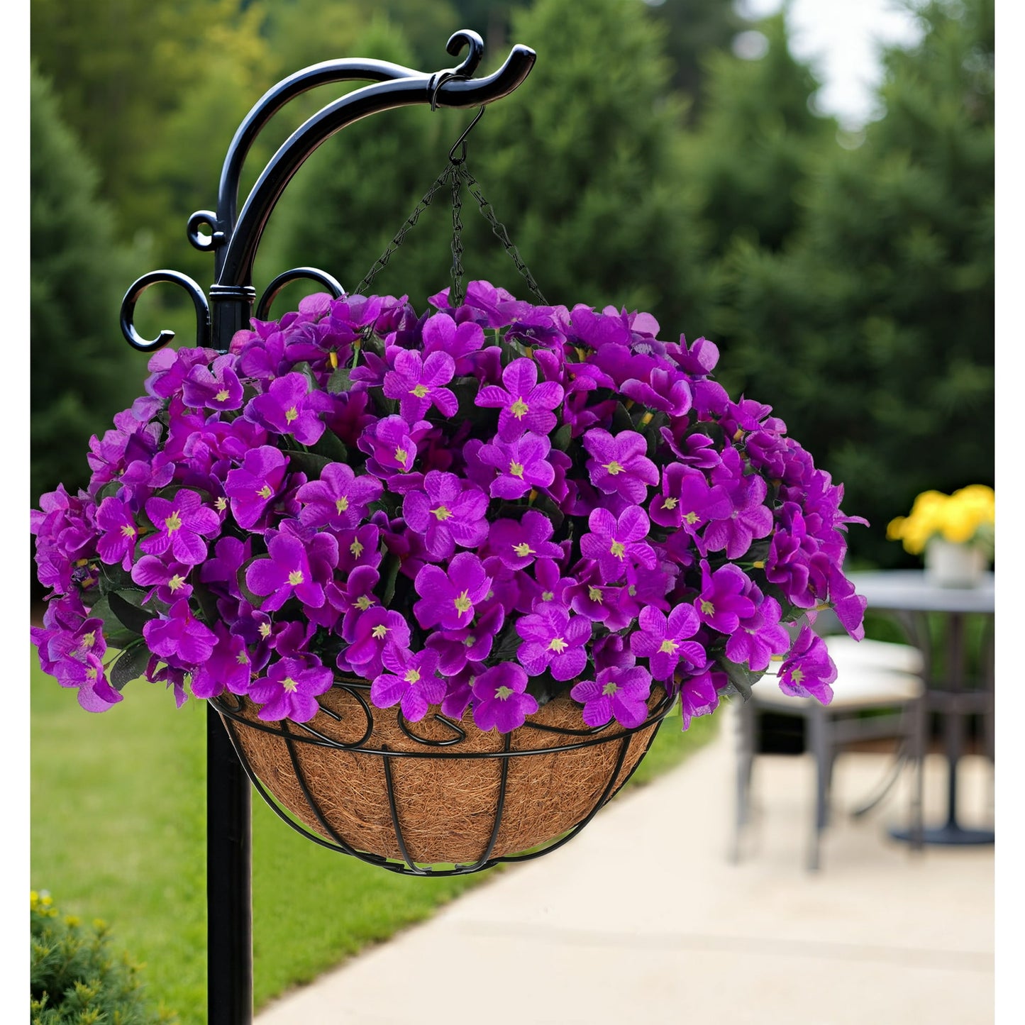 Scidweet Artificial Hanging Flowers with 12" Basket for Outdoors, Fake Flowers Faux Hydrangea for Spring Summer Outside Indoor Home Garden Decoration, Purple