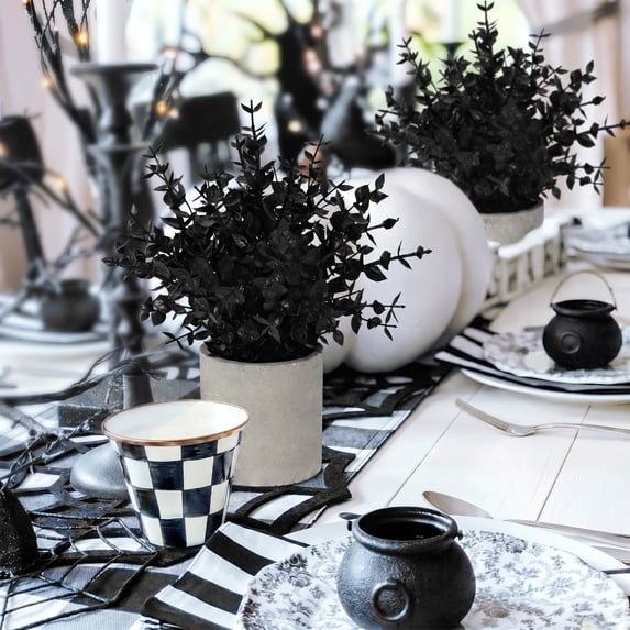 Scidweet Artificial Eucalyptus Plants Indoor, 2pcs Small Fake Faux Potted Plants for Home Desk Room Coffee Table Office Halloween Decor, Black