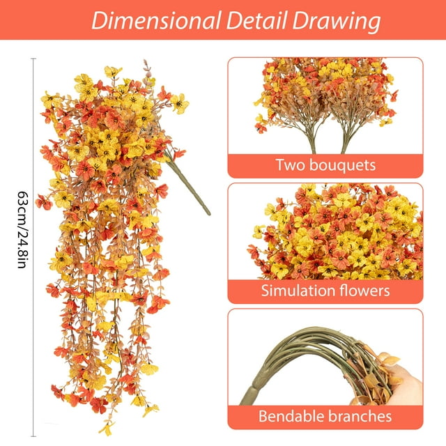 Scidweet Artificial Fall Flowers Outdoors, 2 Pcs Autumn Fake Hanging Flowers Faux Silk Fall Decorations for Home Garden Porch, Orange Yellow