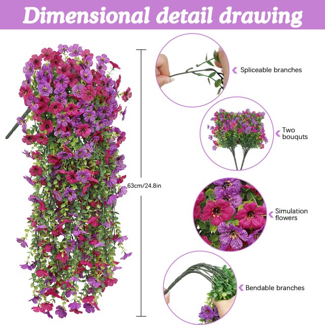 Scidweet Artificial Flowers Outdoors, 2 Pcs Hanging Fake Flowers Faux Silk Spring Summer Decoration for Home Garden Porch, Purple Red
