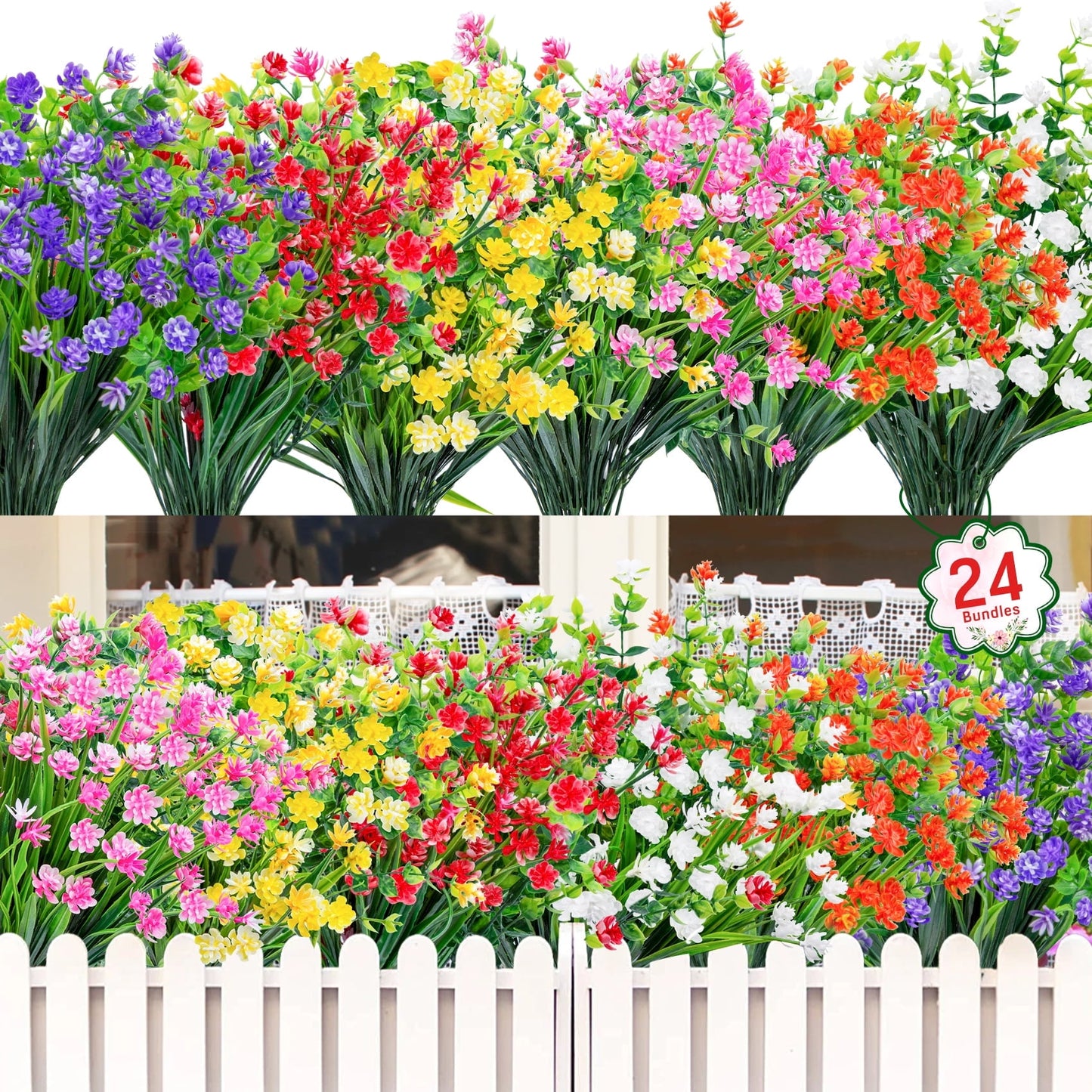 24 Bundles Artificial Flowers Outdoor,No Fade Fake Plastic Flowers Faux Plants for Decoration Hanging Planters Window Indoor Outside Garden Porch