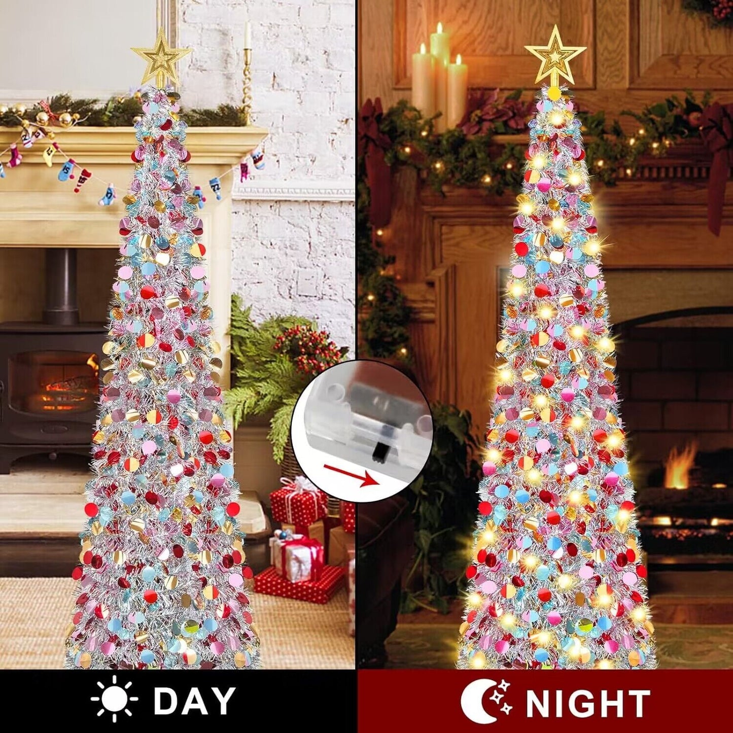 Scidweet 5 Ft Pop up Christmas Tree with Lights & Reflective Sequins, Artificial Collapsible Pencil Tinsel Xmas Tree for Christmas Decoration, Silver