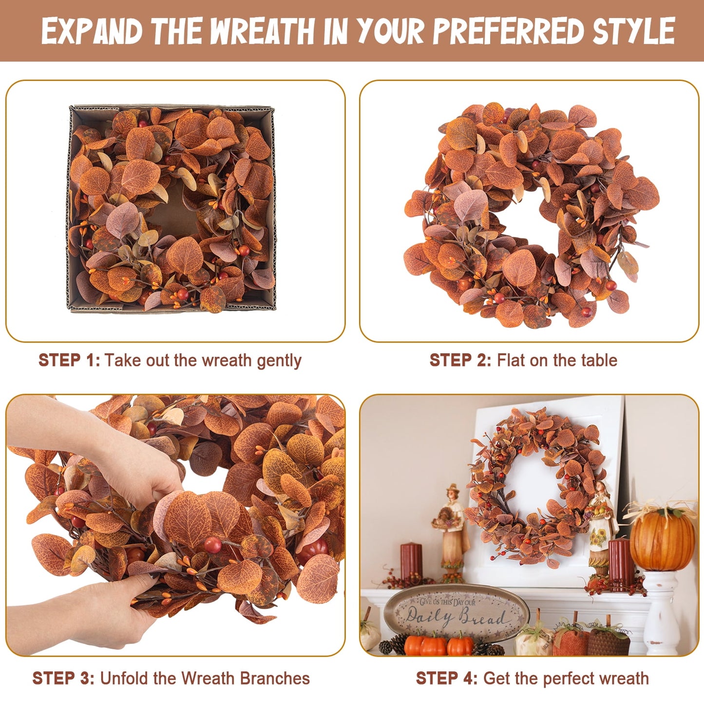 18 inch Fall Wreaths for Front Door, Fall Decor Artificial Wreath Eucalyptus Leaves Modern Farmhouse Wreath for Harvest Thanksgiving Day