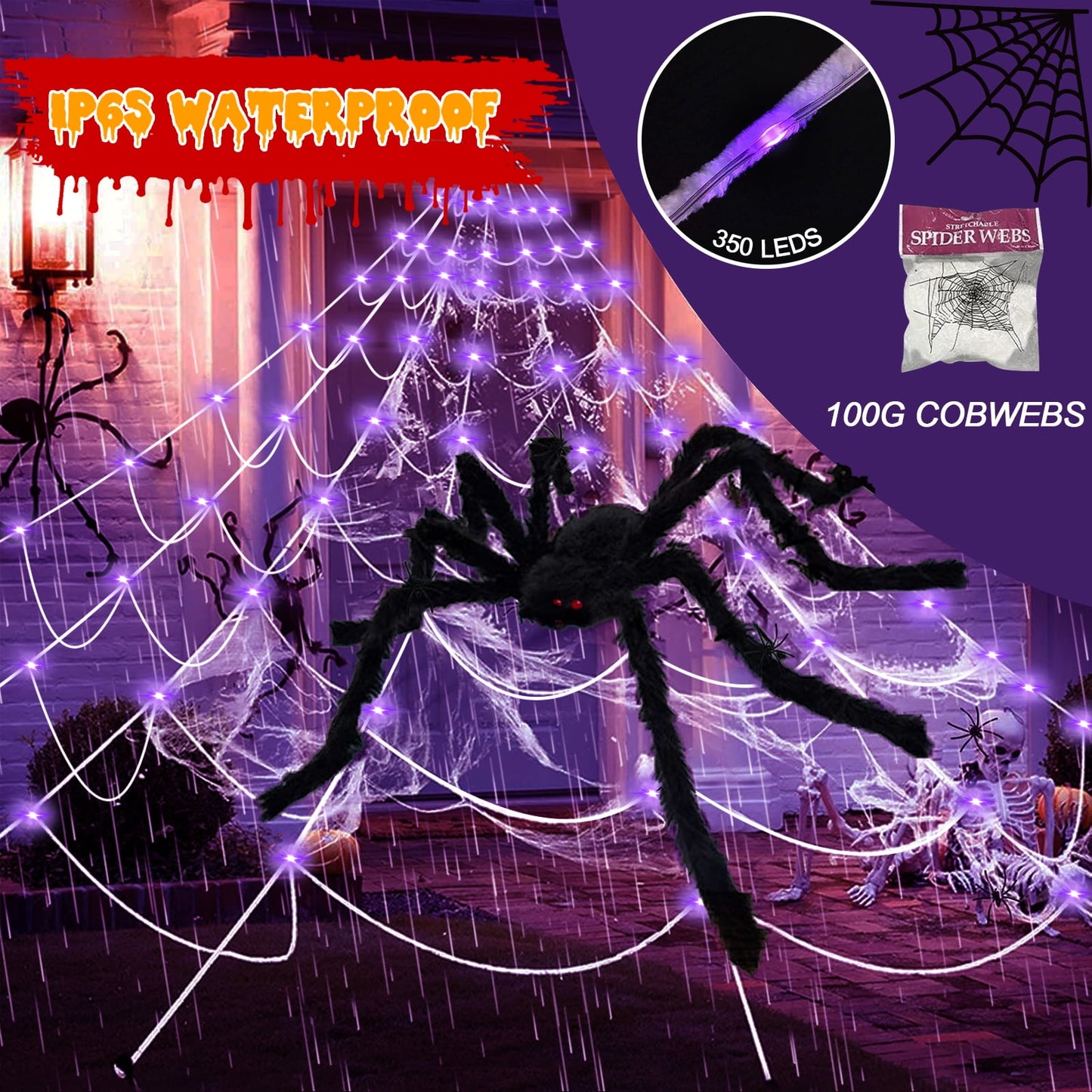 Scidweet Halloween Decorations Outdoor, 350 LED Halloween Spider Web Lights with 79" Giant Spider for Home Garden Yard Decor