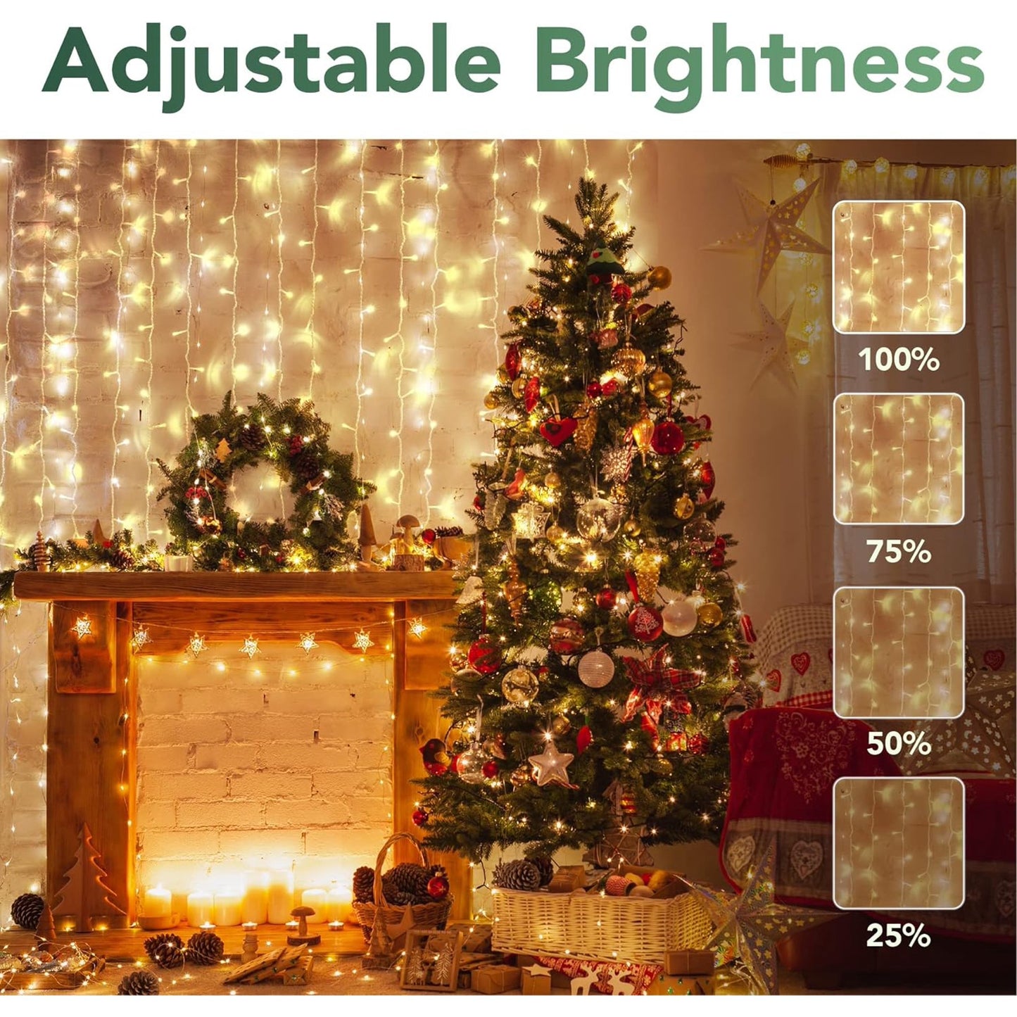 304 LED Curtain String Lights,9.8 x 9.8 ft,8 Modes Plug,Backdrop for Wedding Party Bedroom Window Indoor Outdoor Christmas Decoration,Warm White