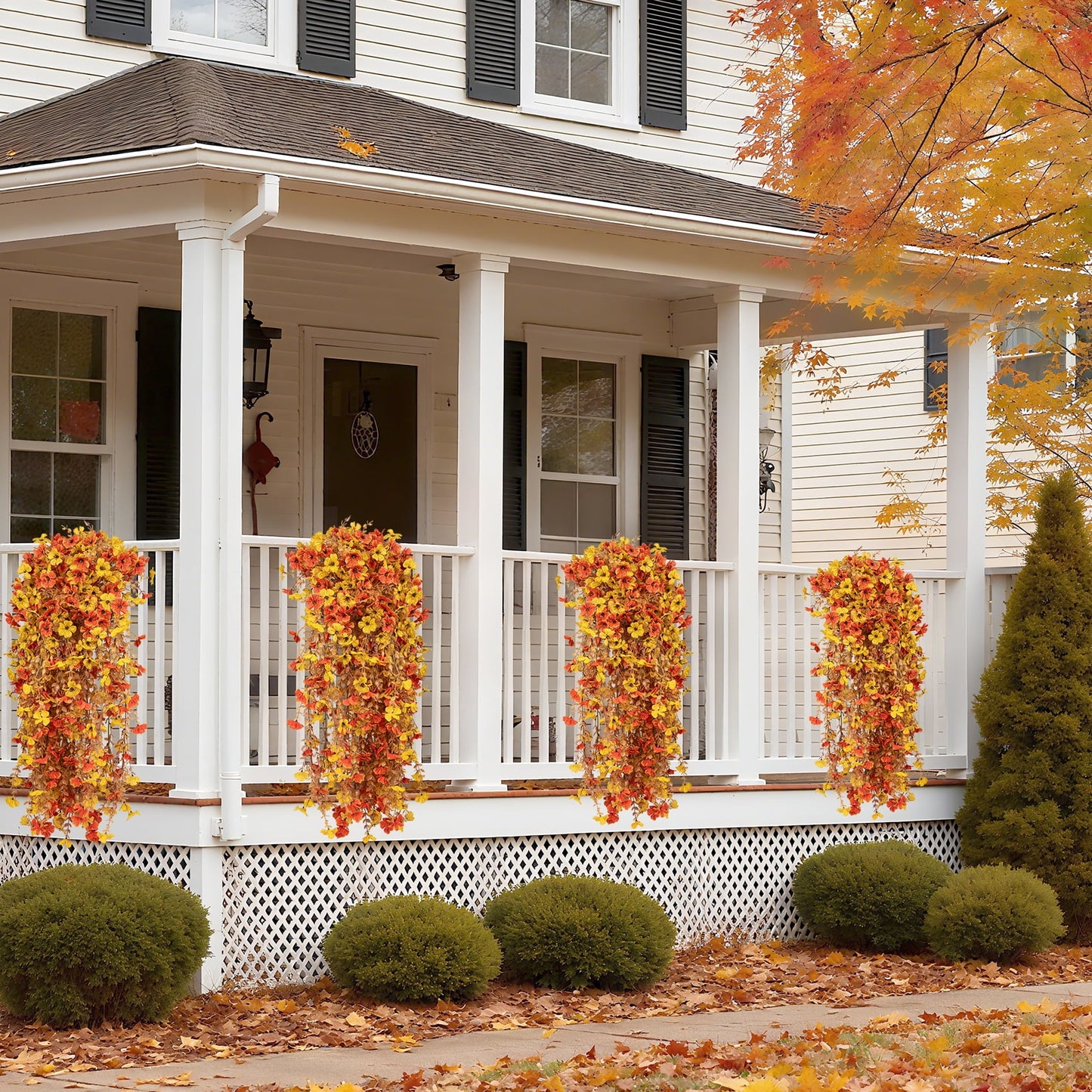 Scidweet Artificial Fall Flowers Outdoors, 2 Pcs Autumn Fake Hanging Flowers Faux Silk Fall Decorations for Home Garden Porch, Orange Yellow