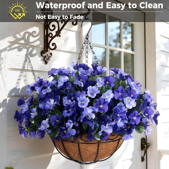 Scidweet Artificial Hanging Flowers Outdoors, 12 pcs Fake Plants Faux Hydrangea Flowers with Coconut Lining Basket for Spring Summer Outside Indoor Home Garden Decoration