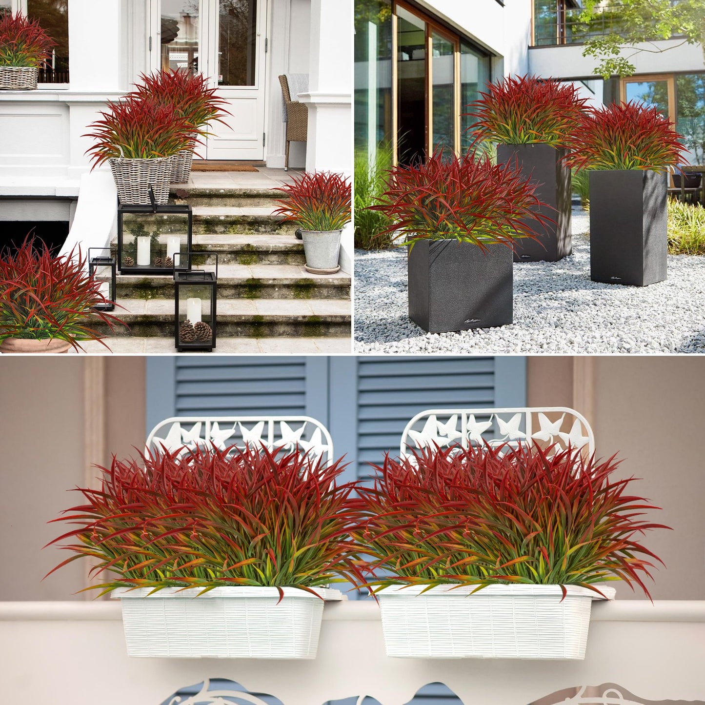Scidweet 16 Bundles Outdoor Faux Plants, Artificial Fake Grass Plants for Spring Summer Home Garden Front Porch Decor, Red