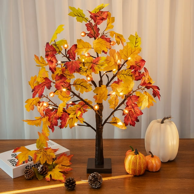 Scidweet Fall Decorations for Home, 25" 24 LED Artificial Fall Maple Leaves Table Tree with Pumpkins Lights Indoor Wedding Party Autumn Decor