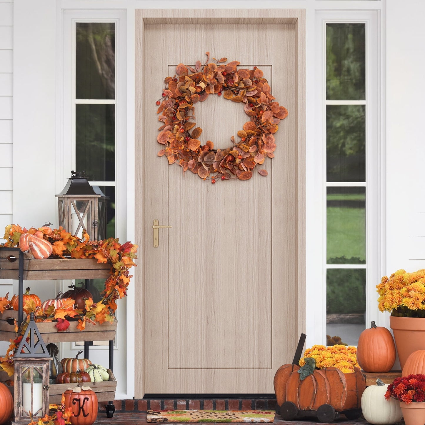 18 inch Fall Wreaths for Front Door, Fall Decor Artificial Wreath Eucalyptus Leaves Modern Farmhouse Wreath for Harvest Thanksgiving Day
