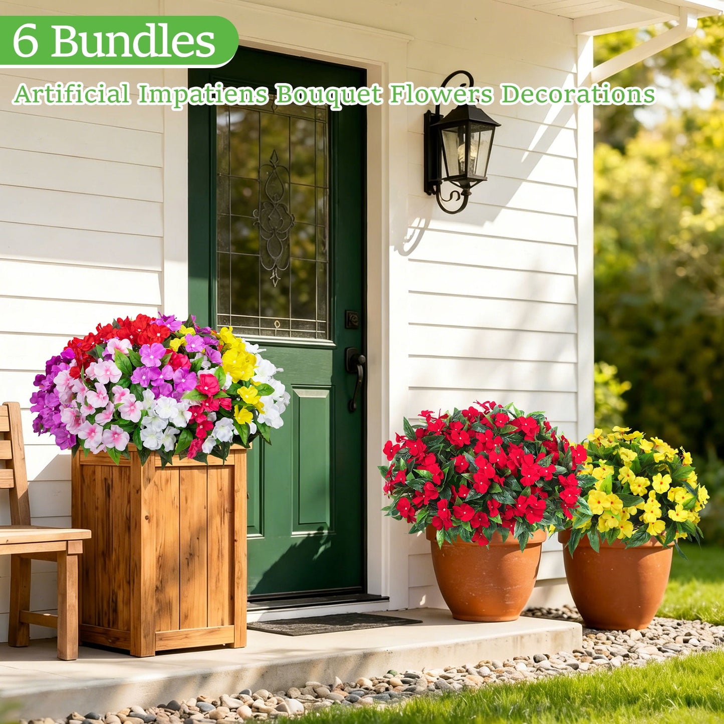 Scidweet 6 Bundles Artificial Flowers Outdoor, Fake Silk Impatiens Flowers Faux Plants Spring for Indoor Outside Home Planter Porch Garden Decor,Multicolor