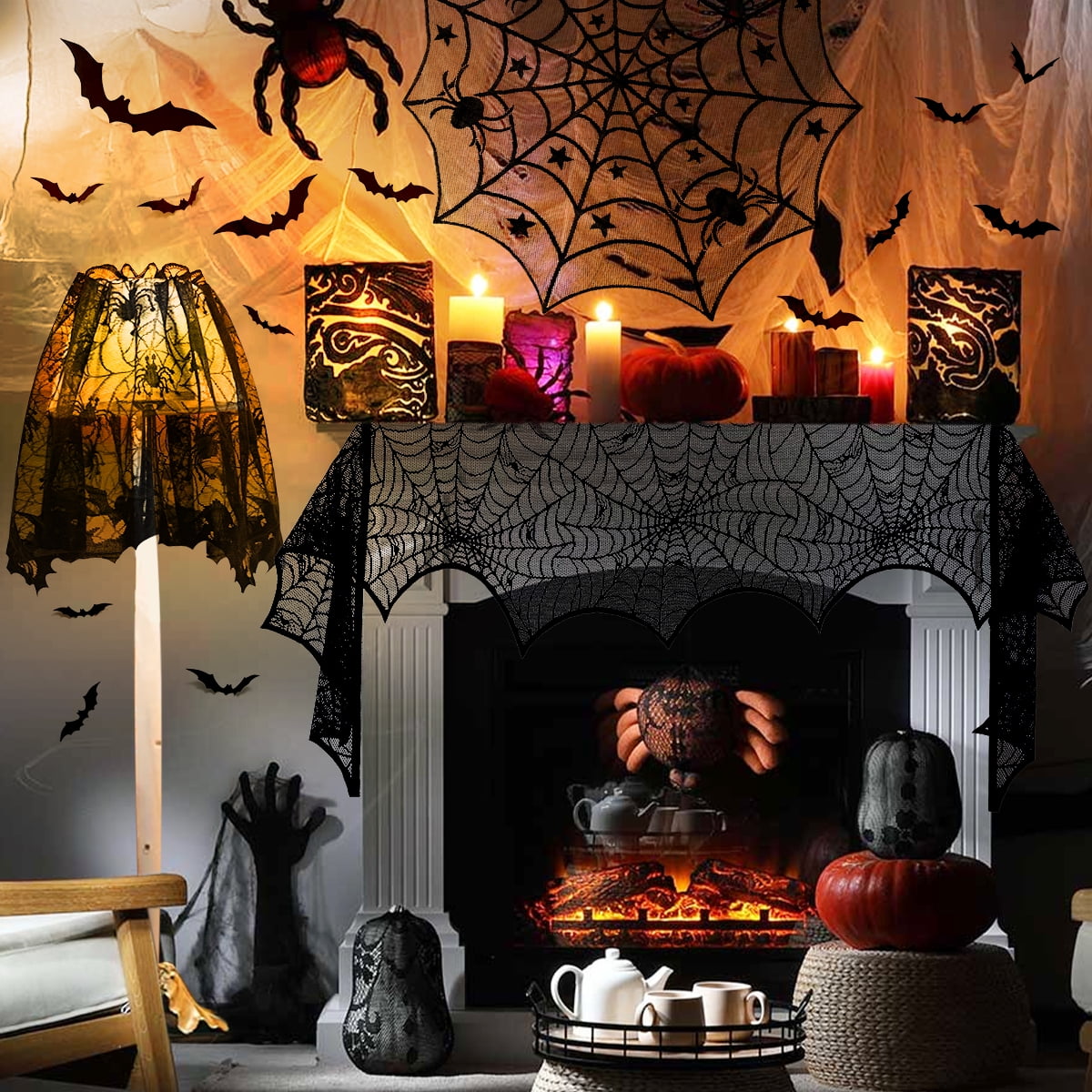 Halloween Decorations Table Runner Tablecloth Lace Round Spider Cobweb Table Cover Fireplace Mantel Scarf Lampshade