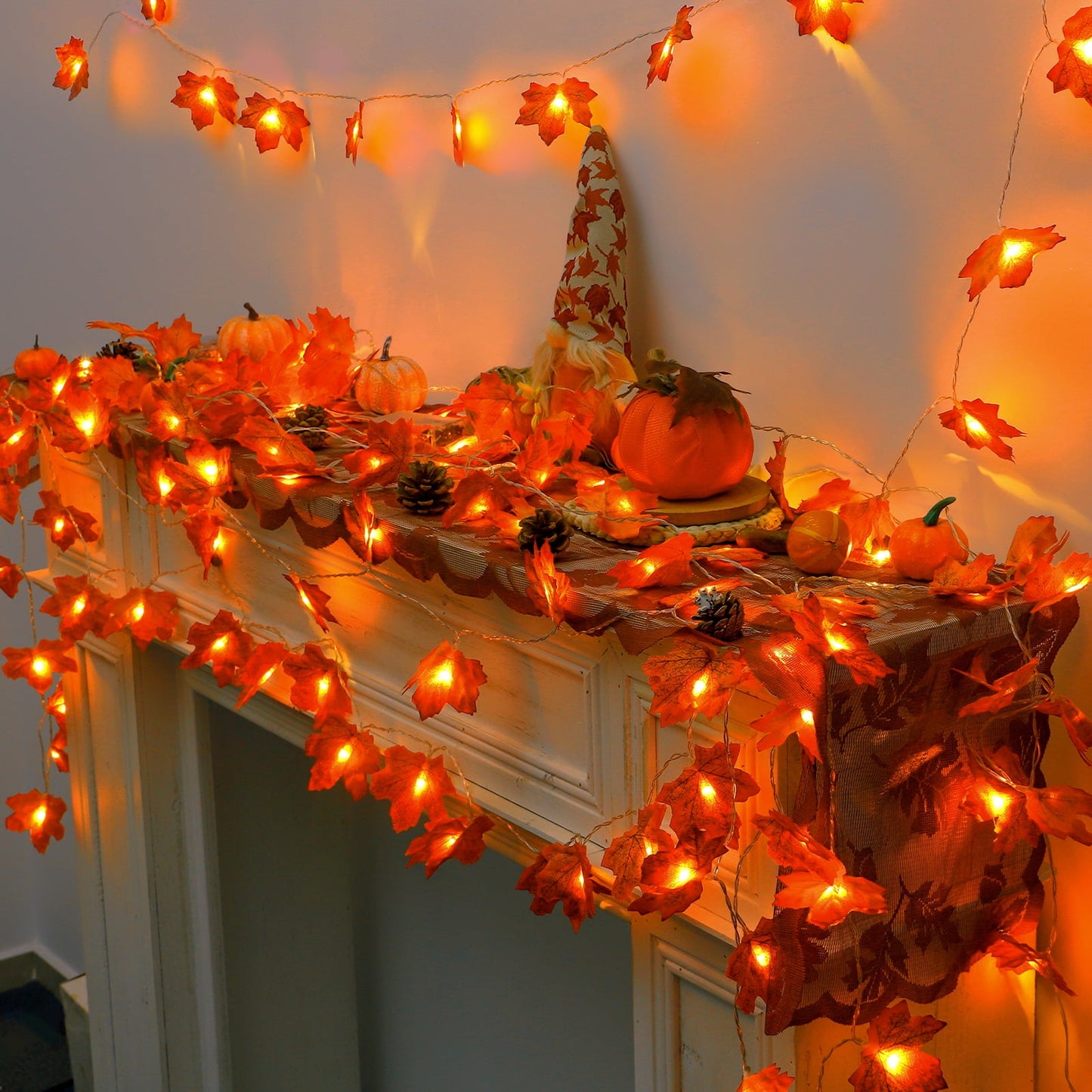 Scidweet 3 Pack Fall Garland Waterproof Maple Leaf Garland with String Lights for Home and Patio Thanksgiving Autumn Window Warm Decor