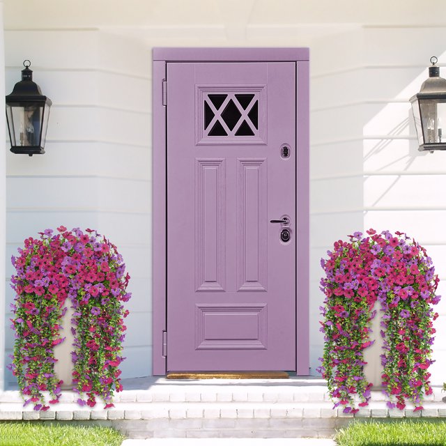 Scidweet Artificial Flowers Outdoors, 2 Pcs Hanging Fake Flowers Faux Silk Spring Summer Decoration for Home Garden Porch, Purple Red