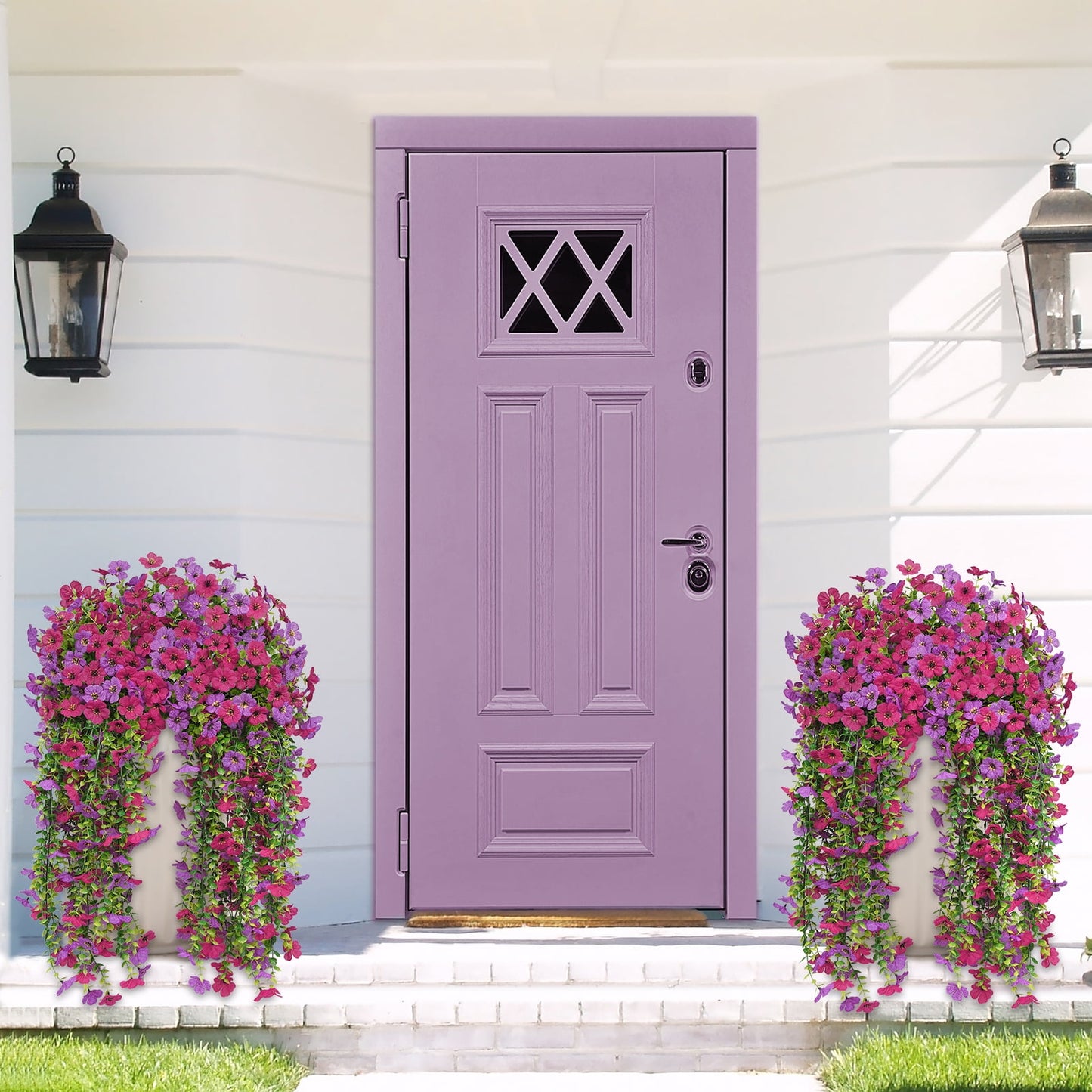 Scidweet Artificial Flowers Outdoors, 2 Pcs Hanging Fake Flowers Faux Silk Spring Summer Decoration for Home Garden Porch, Purple Red
