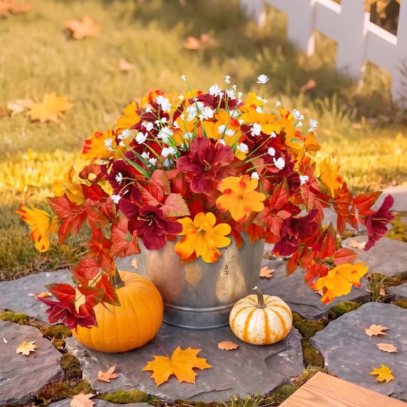 Scidweet Artificial Fall Flowers Outdoors, 2Pcs Autumn Fake Silk Azalea Flowers With Faux White Lotus Plants Fall Decorations for Home Outdoor Garden Balcony Yard Front Porch Indoor Decor