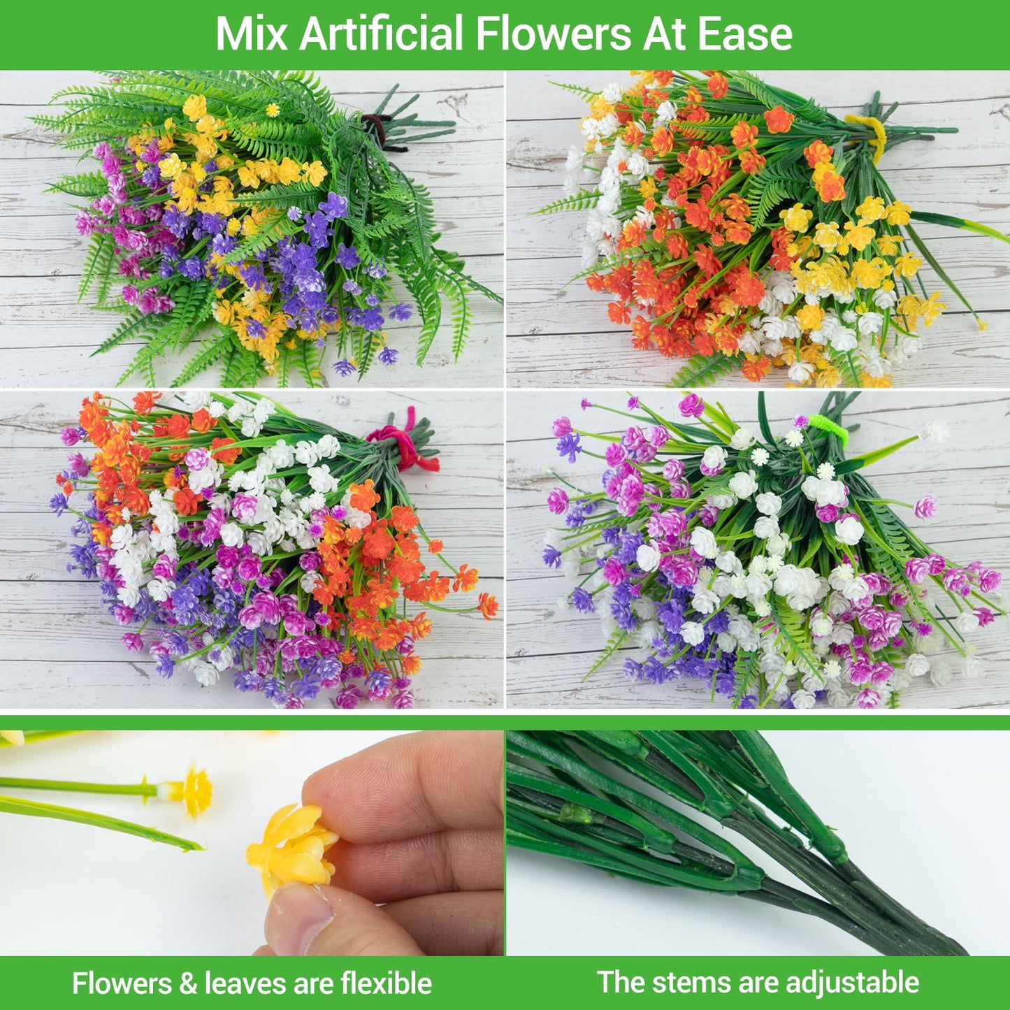 24 Bundles Outdoor Artificial Flowers Colorful Faux UV Resistant Outdoor Artificial Greenery Boston Fern Plastic Flowers for Patio Garden Decor
