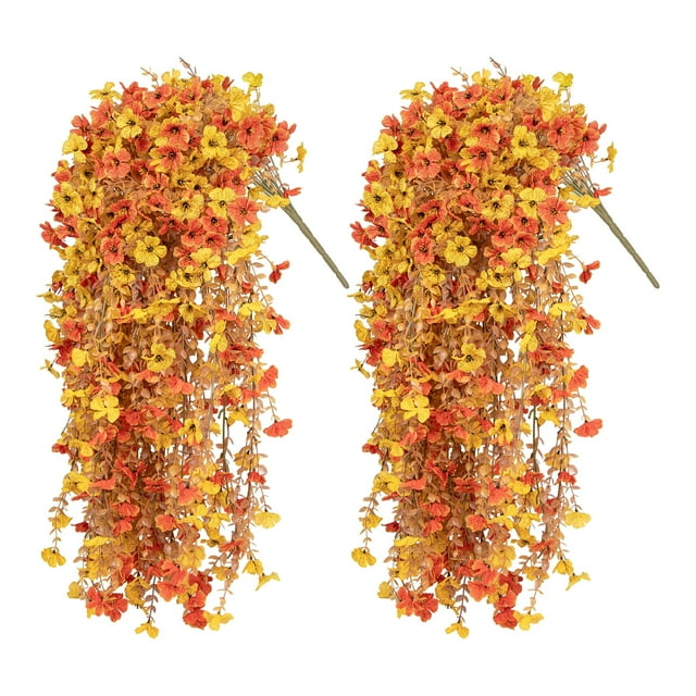Scidweet Artificial Fall Flowers Outdoors, 2 Pcs Autumn Fake Hanging Flowers Faux Silk Fall Decorations for Home Garden Porch, Orange Yellow
