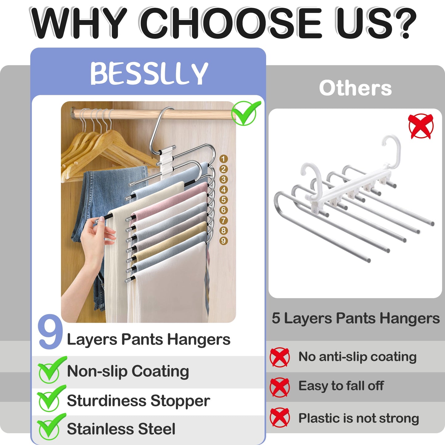 Clothes Hangers, 2 Pack Space Saving Hangers Pants Rack Skirt Hangers Magic Closet Hangers Closet Organizer Pants Hanger Multifunctional Non-Slip Hangers
