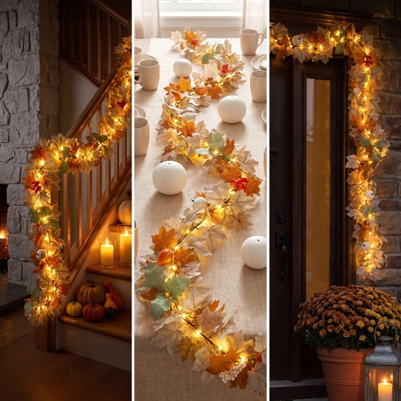 Scidweet Fall Garland with Lights, 9 FT 40 LED Artificial Autumn Maple Leaves Garland Indoor Outdoor Fall Decorations for Home Table Party Fireplace Porch Thanksgiving Harvest Halloween Decor
