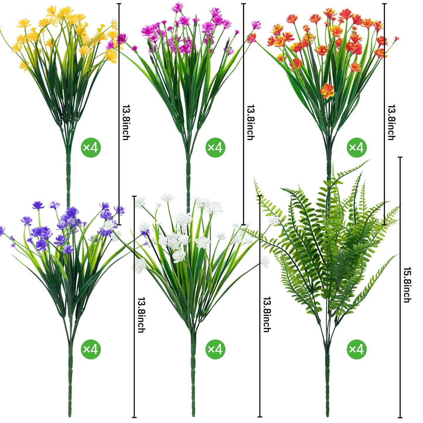 24 Bundles Outdoor Artificial Flowers Colorful Faux UV Resistant Outdoor Artificial Greenery Boston Fern Plastic Flowers for Patio Garden Decor