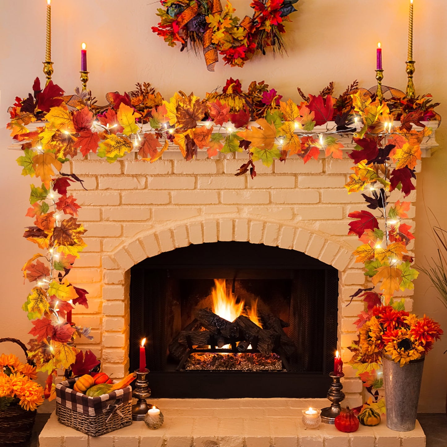 Scidweet 2 Pack Artificial Autumn Maple Leaves Wreath, with 19.7Ft 60 LED String Lights Fall Decorations for Home Party Garland Thanksgiving Halloween Decor