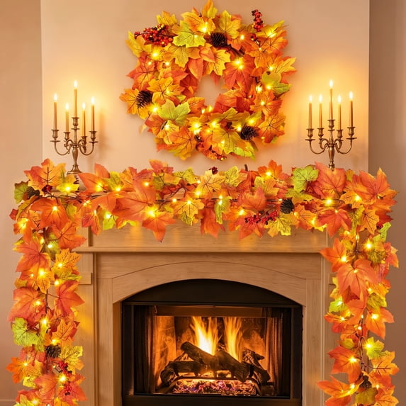 Scidweet Fall Maple Leaf Wreath Set, 20" 6Ft 30LED Artificial Autumn Garlands Fall Decorations for Home Table Party Fireplace Porch Thanksgiving Harvest Decor