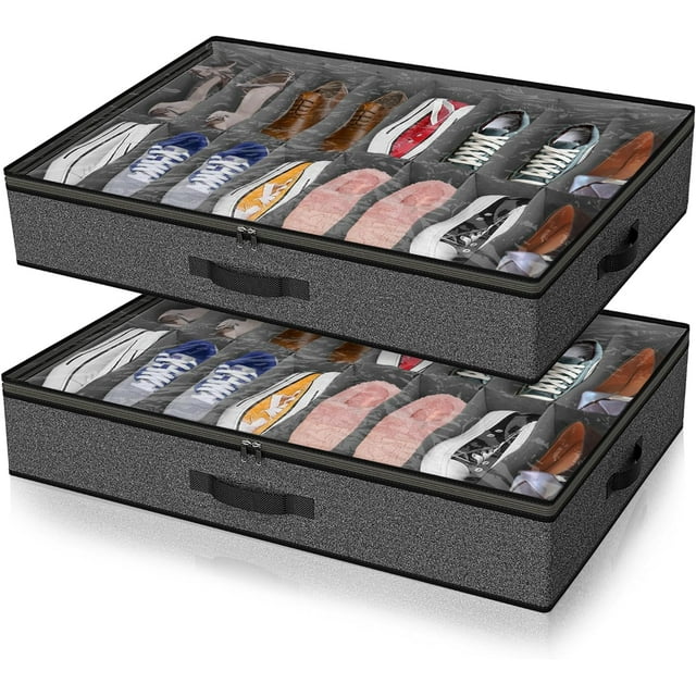 2 Pack Under Bed Shoe Storage Organizer for Closet, Fits Total 32 Pairs Foldable Underbed Shoes Containers