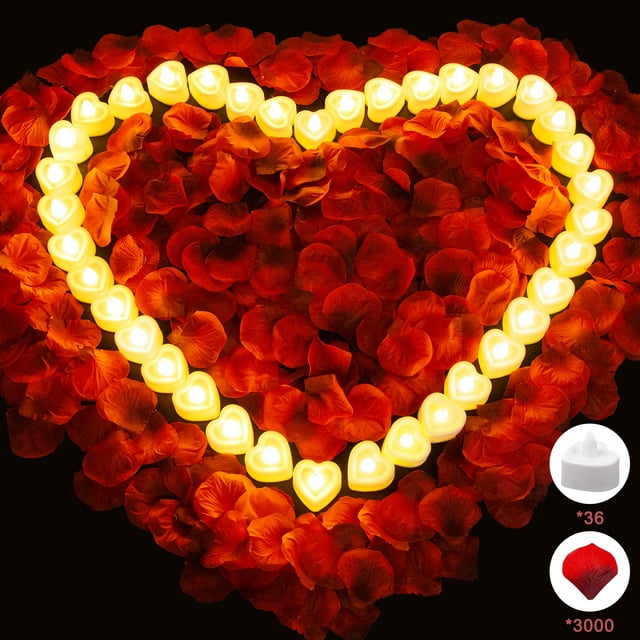 3000 Pieces Artificial Rose Petals with 36 Pieces LED Tea Lights Candles, Romantic Decorations Special Night Set for Valentine's Day, Wedding Anniversary or Table Decor