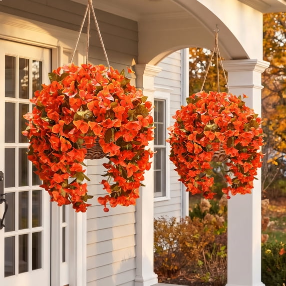 Scidweet Artificial Fall Hanging Flowers Outdoors, 4 Pcs Autumn Fake Faux Bougainvillea Silk Flowers Plants UV Resistant Fall Decorations for Home Garden Balcony Yard Front Porch Decor, Orange