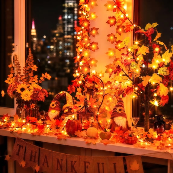 Scidweet Fall Garland with Lights, 6 Pack 60FT 120 LED Artificial Autumn Maple Leaves Garland Indoor Outdoor Fall Decorations for Home Party Mantle Fireplace Porch Table Thanksgiving Halloween Decor