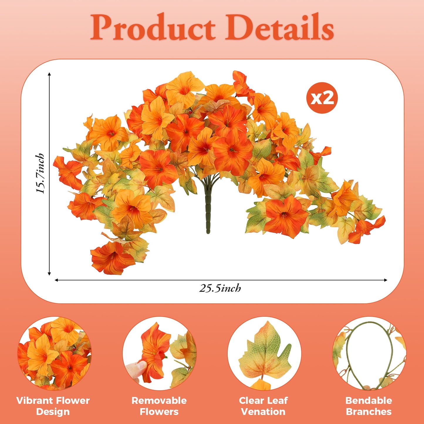 Scidweet Fake Fall Flowers, 2Pcs Artificial Petunias Faux Silk Flowers Plants Fall Decorations for Home Outside Indoor Garden Balcony Yard Front Porch Decor, Orange