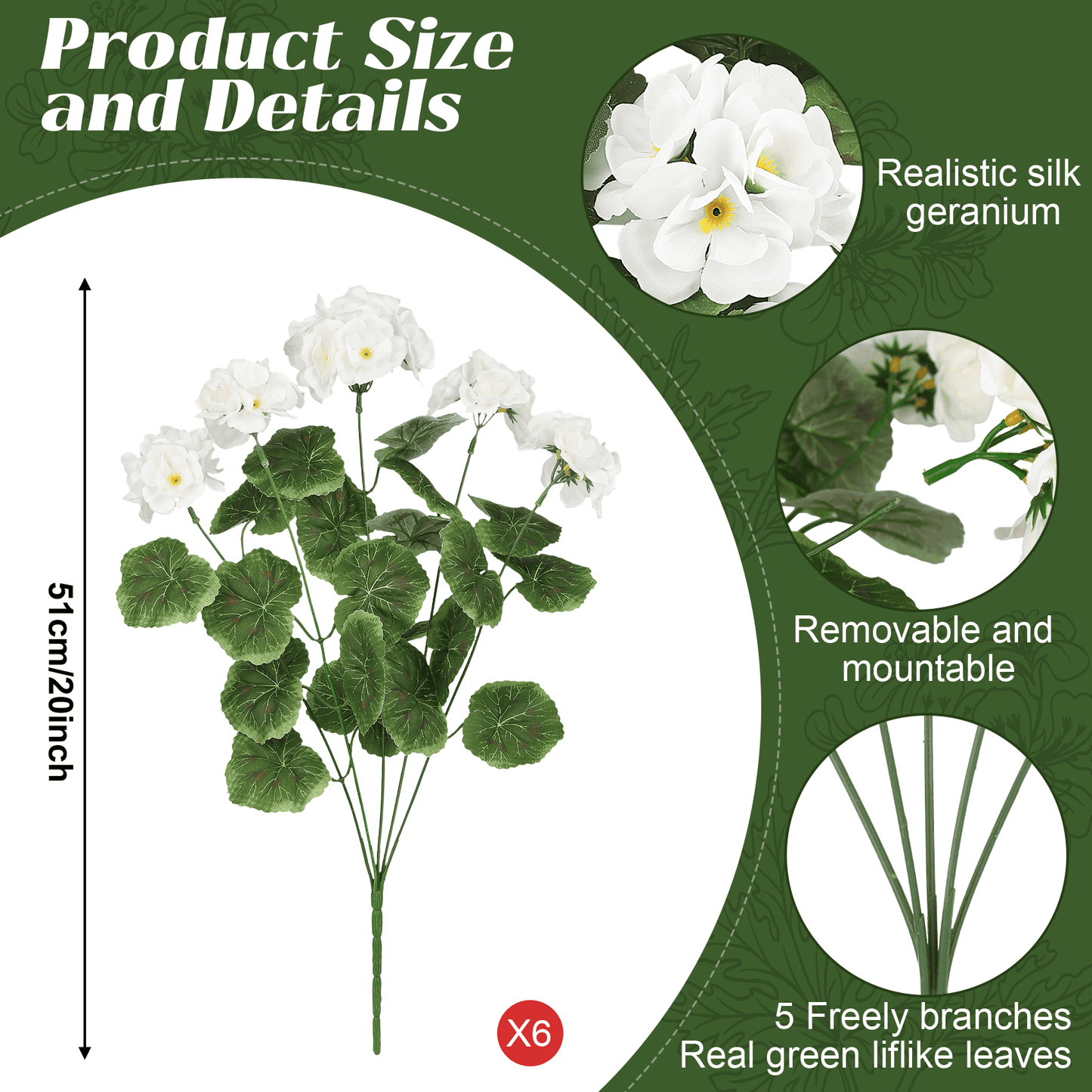Scidweet Artificial Flowers, 6 Pcs 21'' Geraniums Fake Flowers Faux Plants for Summer Indoor Outdoor Home Table Garden Decoration, White