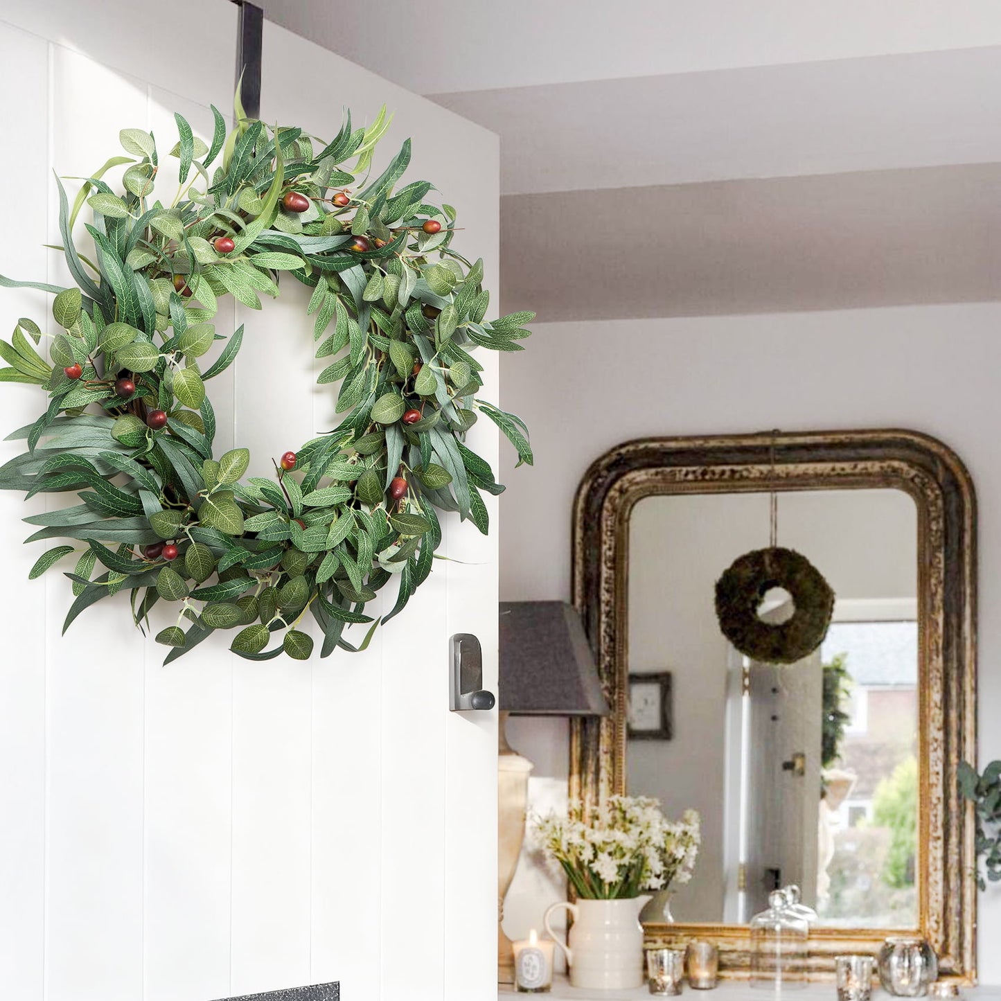 Scidweet Artificial Olive Wreaths for Front Door, 20" Artificial Greenery Olive Wreaths with Olive Leaf Fruit for Indoor Outdoor Farmhouse Window Wall Home Wedding Decor