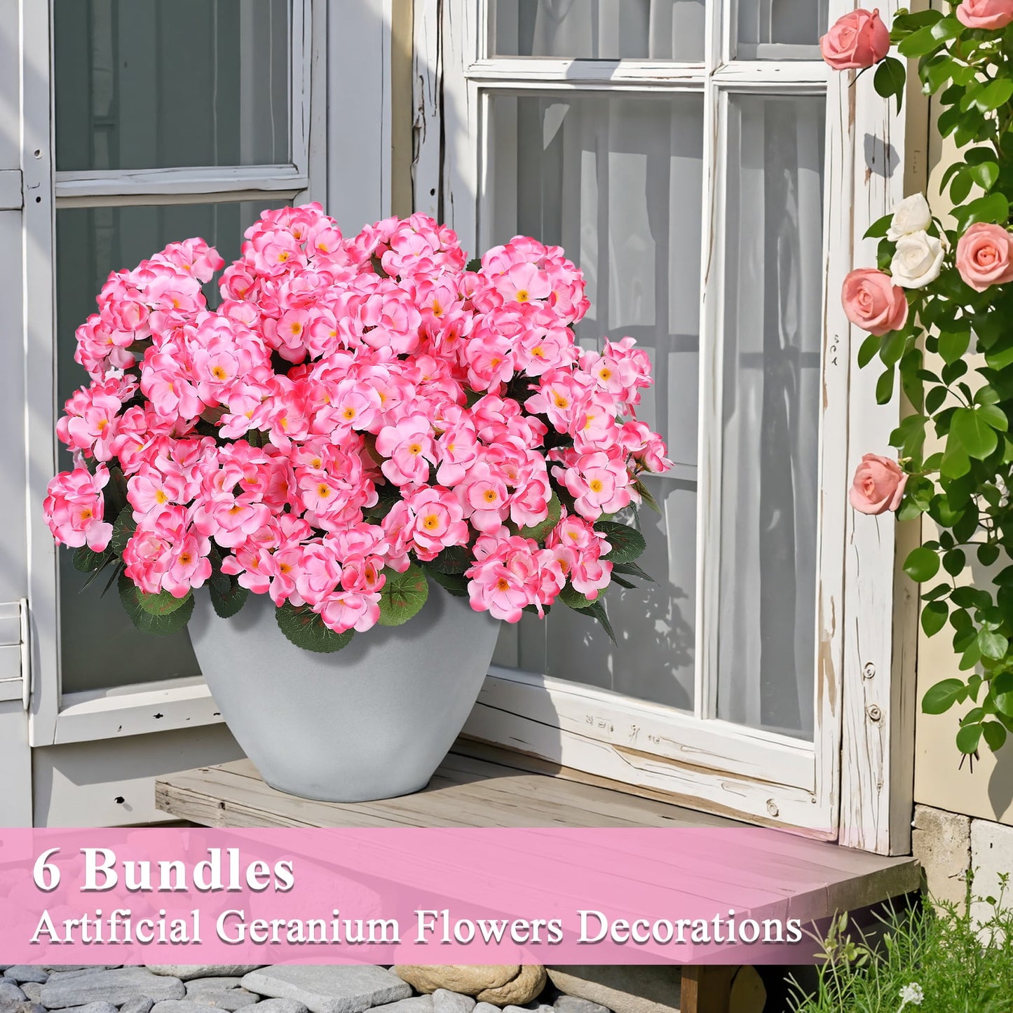 Scidweet Artificial Flowers, 6 Pcs 21'' Geraniums Fake Flowers Faux Plants for Summer Indoor Outdoor Home Table Garden Decoration, Pink