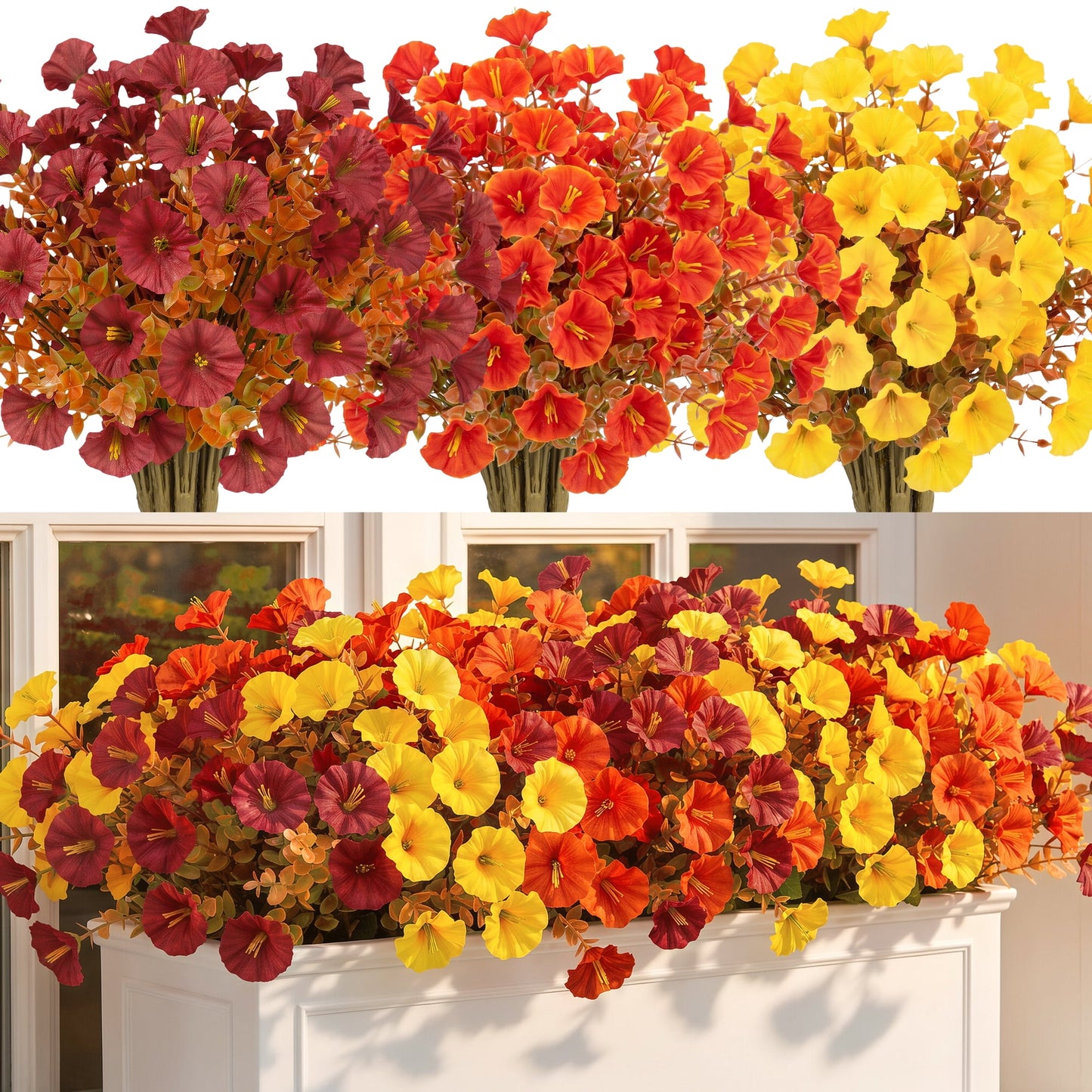 Scidweet Fake Fall Flowers Outdoors, 24 Bundles Autumn Artificial Morning Glory flowers Faux Plants UV Resistant for Home Outside Garden Balcony Yard Front Porch Indoor Fall Decor, Multicolor