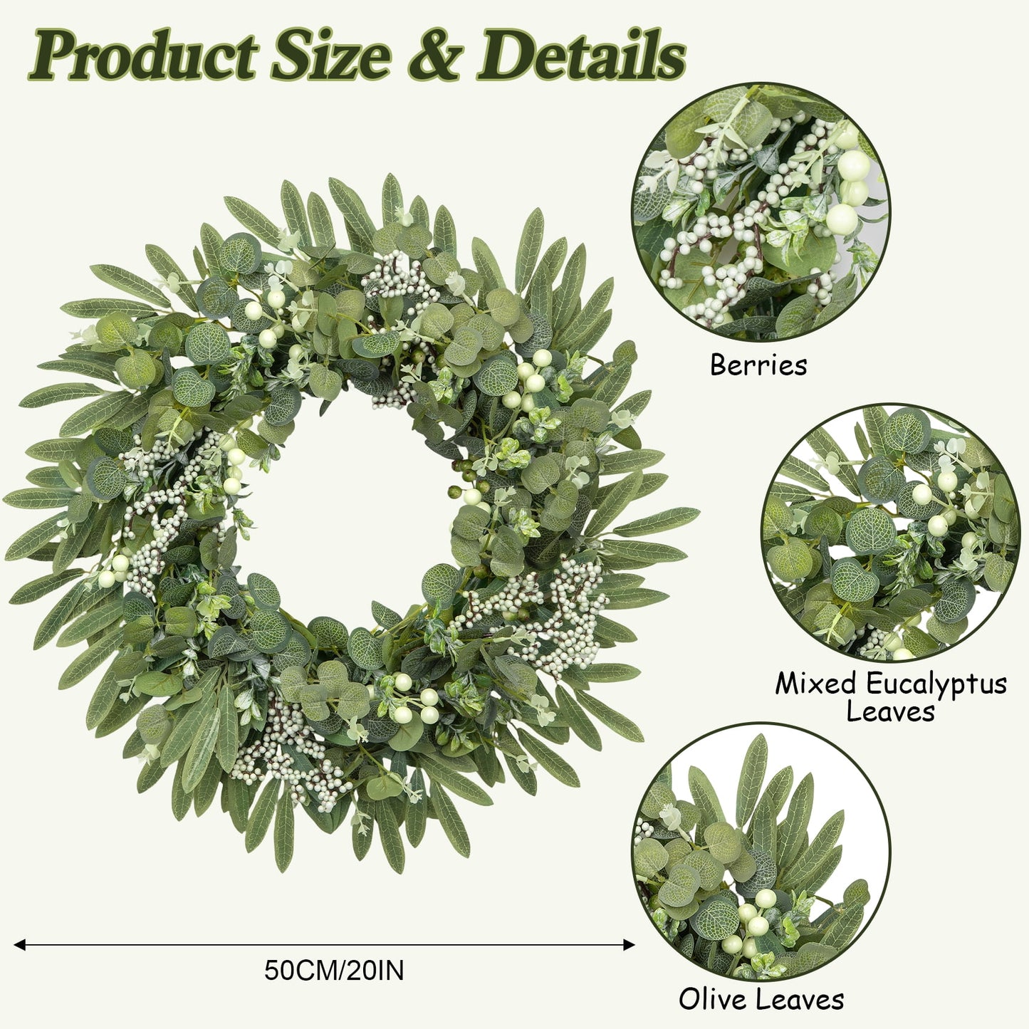 Scidweet Artificial Wreaths for Front Door, 20" Fake Eucalyptus Faux Spring Wreaths Farmhouse Window Wall Door Wedding Indoor Outdoor Spring Summer Home Decor
