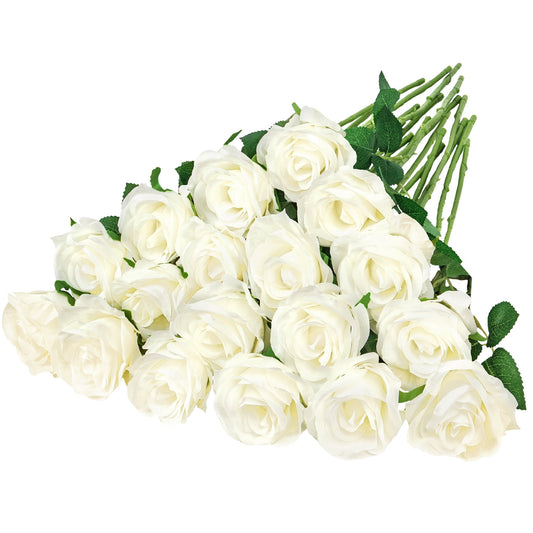 18 Pcs Fake Roses Artificial Flowers White Silk Rose Flower Bouquet for Wedding Party Decorations Valentines Day Decor